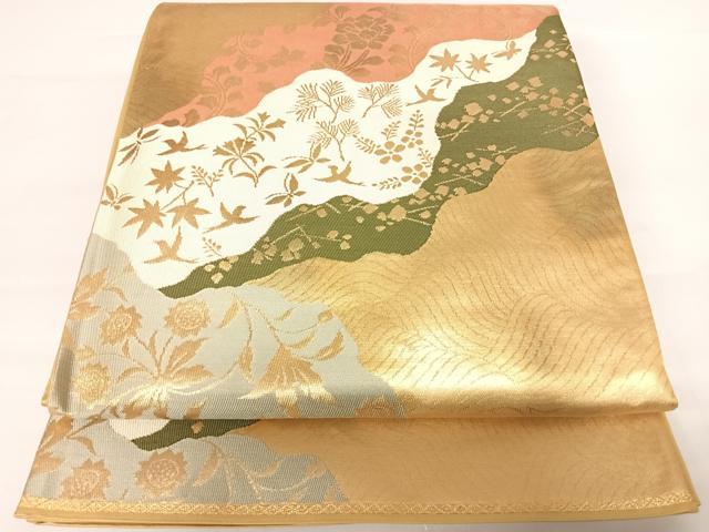 平和屋着物◎六通柄袋帯　道長更紗花鳥文　金糸　正絹　逸品　AABA2180yx