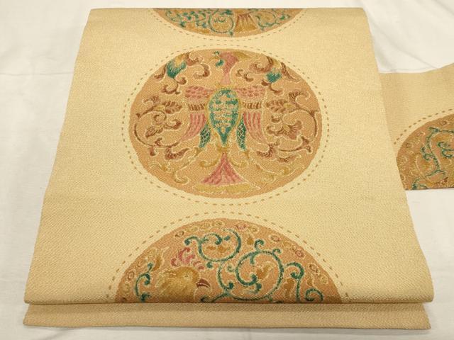 乐天商城 - 平和屋着物●九寸名古屋帯　花鳥丸文　金彩　鬼しぼ縮緬　正絹　逸品　CABC8448dy