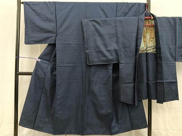 平和屋着物■男性 紬 アンサンブル 留紺色 羽裏:虎 正絹 逸品 BAAS5399bs