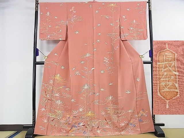 手描き友禅 作家物 落款入 訪問着 竹笹 筍 雉 鳥 正絹 X126 - 訪問着 