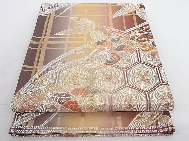 平和屋着物◎両面六通柄袋帯　亀甲草花文　金銀糸　逸品　AAAJ7098Apf