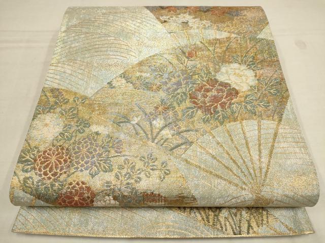 平和屋着物▼六通柄袋帯　琳派名画集　扇面草花文　金糸　正絹　逸品　AAAZ4135wj