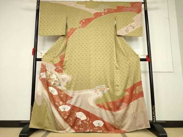 平和屋着物●訪問着　絞り　刺繍　流水扇面花文　金銀彩　正絹　逸品　未使用　AABF3946ck