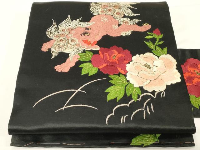 ■C006■アンティーク■正絹■黒繻子　唐獅子柄　全刺繍　手刺繍　名古屋帯■ □C006□アンティーク□正絹□黒繻子 唐獅子柄 全刺繍 手刺繍 名古屋