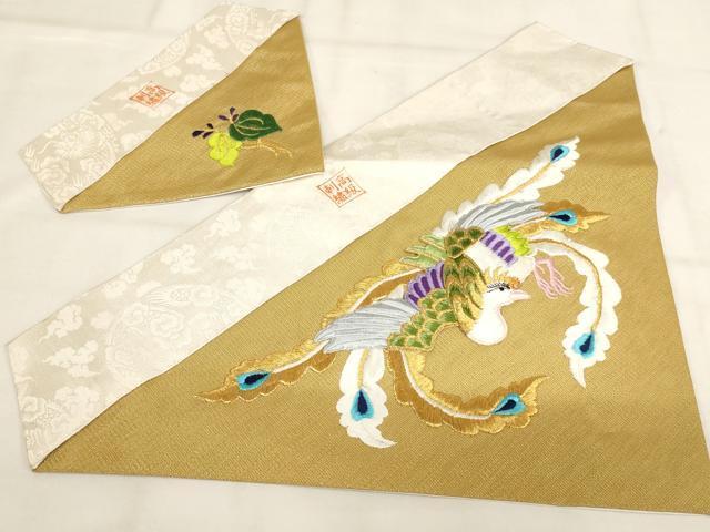 平和屋本店▼打敷　内敷2点セット　三角　金襴　刺繍　鳳凰草花文　法衣　寺院　仏具　仏教　僧侶　神職　装束　AABK9311ja