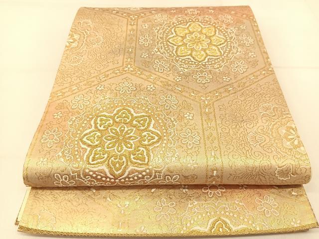 平和屋着物◎六通柄袋帯　亀甲正倉院花文　金糸　正絹　逸品　BAAT8224yc