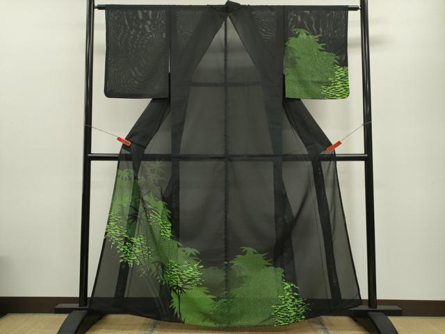 乐天商城 - 平和屋着物＊夏物　訪問着　絽　笹竹シルエット　黒地　洗える着物　CABB9681ze