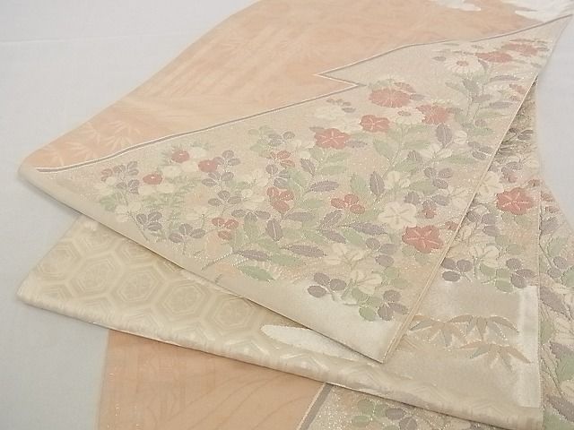 平和屋着物■六通柄袋帯　松皮菱花文　銀糸　正絹　逸品　A-pf5255