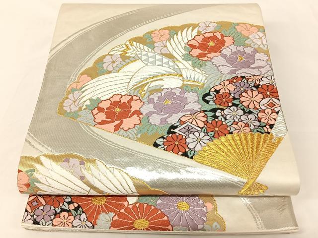 平和屋着物◎六通柄袋帯　唐織　扇面花鳥文　金銀糸　正絹　逸品　AAAK7680wt