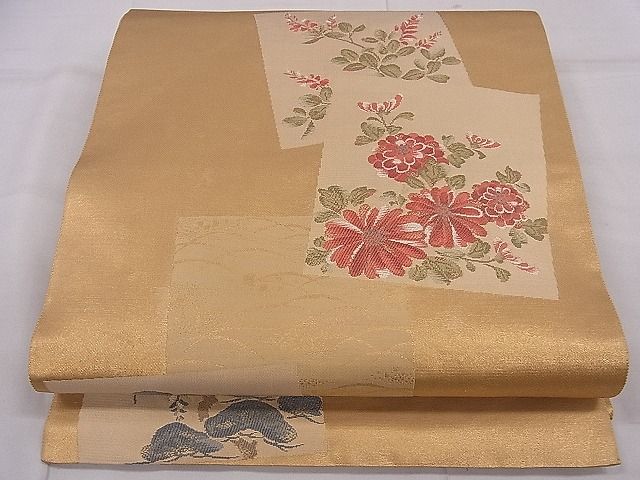 平和屋着物■六通柄袋帯　色紙重ね草花文　金糸　逸品　ca3977