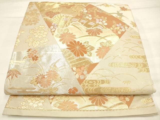 平和屋着物◎六通柄袋帯 裂取り吉祥花文 金銀糸 正絹 逸品 DAAM0578bc