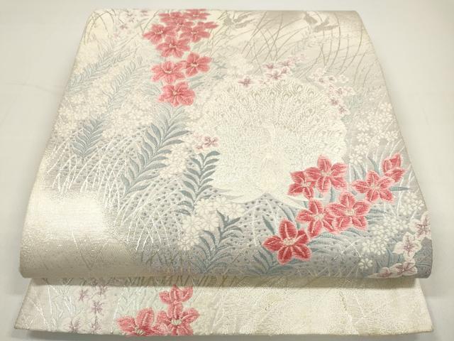 平和屋着物◎六通柄袋帯　唐織　孔雀花文　銀糸　正絹　逸品　DAAW0822op