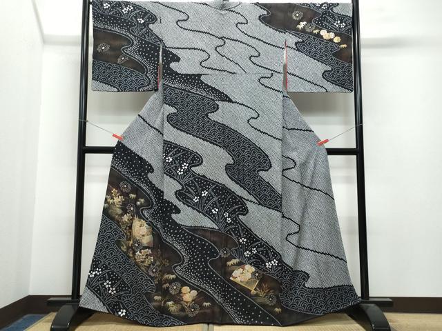 平和屋着物●訪問着 絞り 扇面草花文 黒地 金銀彩 正絹 逸品 CAAS8708vf