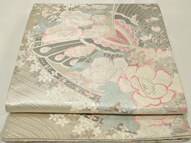 平和屋着物◎六通柄袋帯　唐織　正倉院花蝶文　銀糸　正絹　逸品　CAAZ7775in