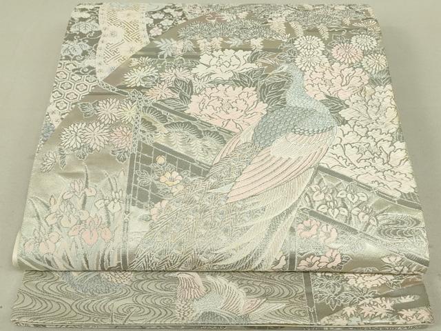 平和屋着物◎六通柄袋帯 唐織 孔雀花文 プラチナ箔 正絹 逸品 DAAU4534qp