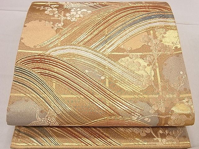 平和屋着物■六通柄袋帯　唐織　金彩つづれ　流水飛鶴枝梅文　金糸　逸品　ha7438