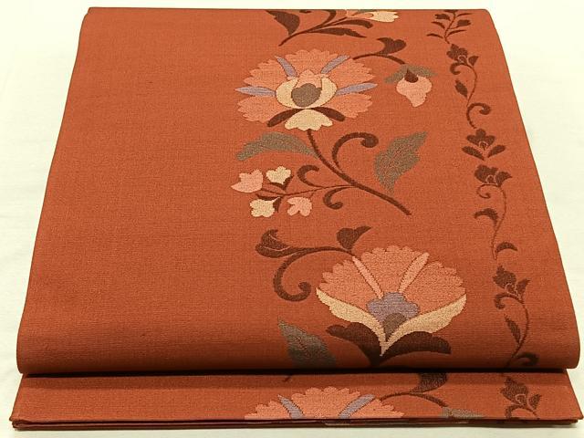 平和屋着物◎六通柄袋帯　更紗花文　紅海老茶　正絹　逸品　CAAT8827qv