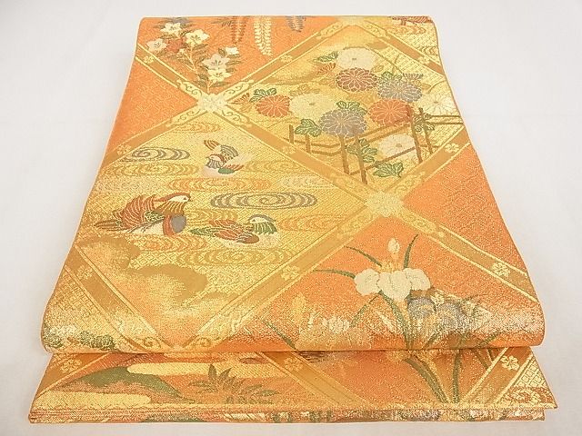 平和屋着物◎佐賀錦　六通柄袋帯　花鳥菱文　金糸　正絹　逸品　AAAG9847Apf