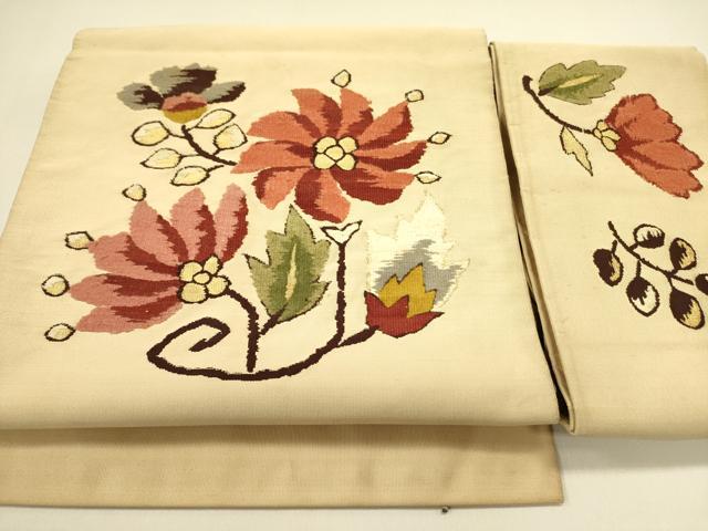 浴衣帯 - 平和屋着物●爪掻き本綴れ　つけ帯　モール　草花　金糸　正絹　逸品　DABB7412op