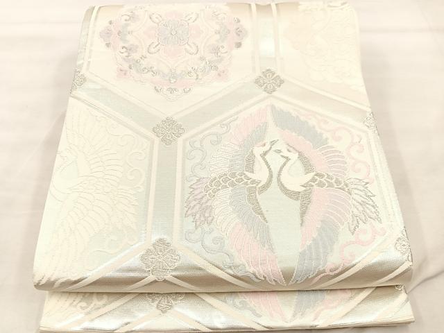 平和屋着物◎六通柄袋帯　唐織　向かい鶴亀甲花文　銀糸　正絹　逸品　BAAU0529mz