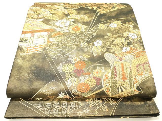 平和屋着物◎六通柄袋帯　唐織　御所車冊子花文　黒地　金糸　正絹　逸品　DAAY2438op