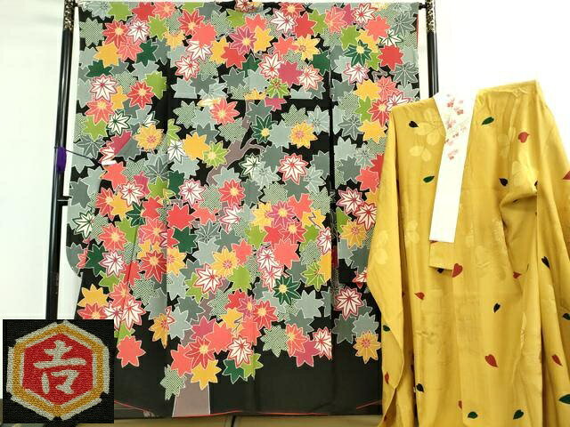 平和屋本店●極上 和染紅型 栗山紅型 栗山吉三郎 振袖・長襦袢(無双仕立て・半衿刺繍)セット 楓 鬼しぼ縮緬 黒地 逸品 DZAB0863kh5