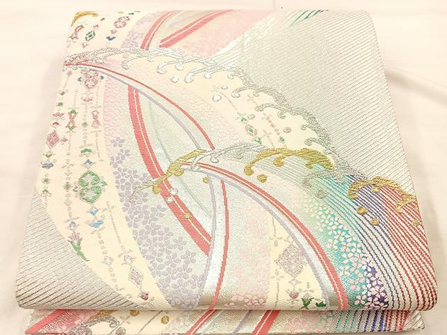 平和屋着物◎両面　六通柄袋帯　立波文　金銀糸　正絹　逸品　BAAU0532mz