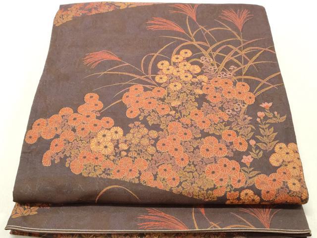 平和屋着物◎山喜織物謹製　萬葉　紹巴　全通柄袋帯　草花文　正絹　逸品　DAAV0872qa