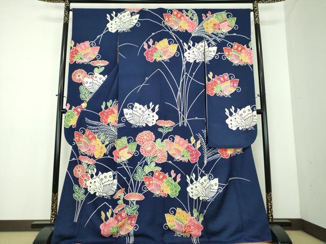 平和屋着物●和染紅型 栗山紅型 栗山吉三郎 振袖 舞蝶花文 金彩 正絹 逸品 DABD1852ps