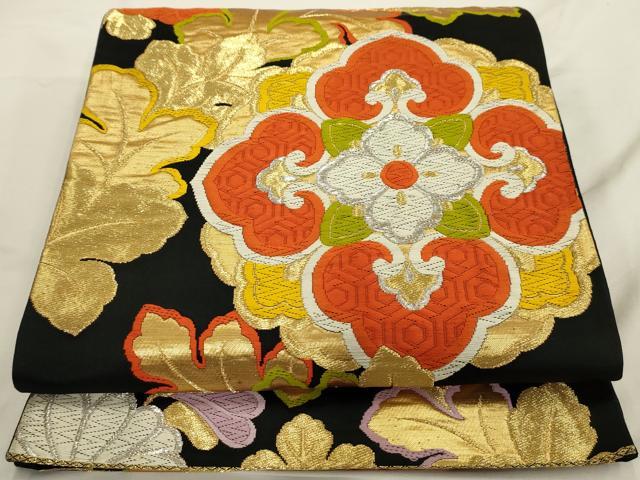 平和屋着物◎六通柄袋帯　唐織　正倉院花文　黒地　金銀糸　正絹　逸品　AAAU5129sx