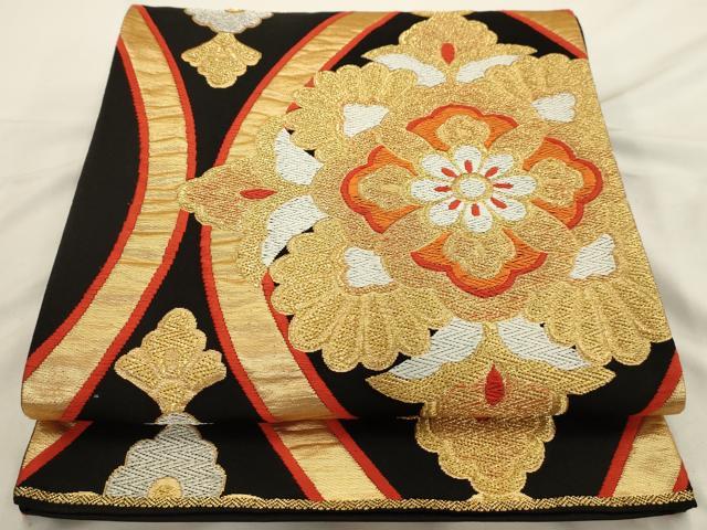 平和屋着物◎六通柄袋帯 唐織 立涌花文 黒地 金銀糸 正絹 逸品 AAAU5131sx