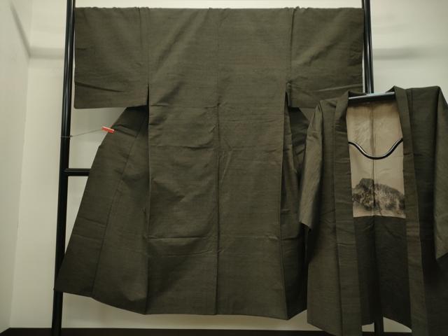 平和屋着物●男性 紬 アンサンブル 藍媚茶色 正絹 逸品 CAAT0564dy