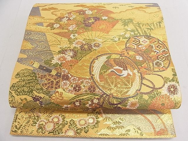 平和屋着物■六通柄袋帯 飛鶴風景花鼓文 金糸 逸品 jm3383