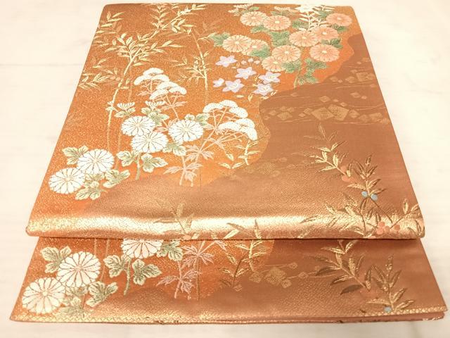 平和屋着物◎六通柄袋帯　唐織　草花文　金糸　正絹　逸品　AAAV8778yx