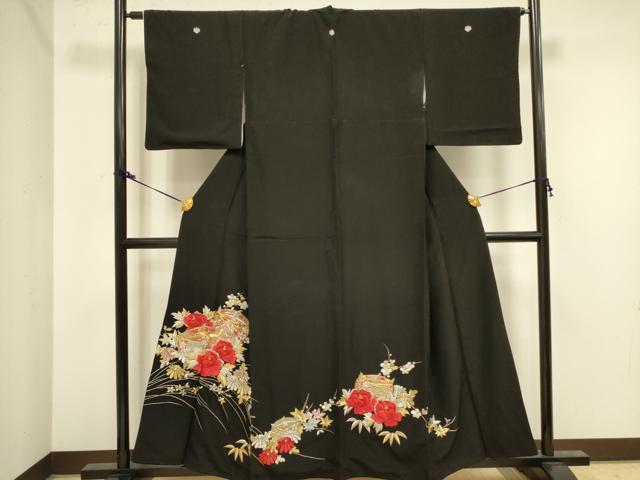 平和屋着物■豪華黒留袖　駒刺繍　総刺繍　糸車花文　金銀糸　正絹　逸品　DAAZ2178op