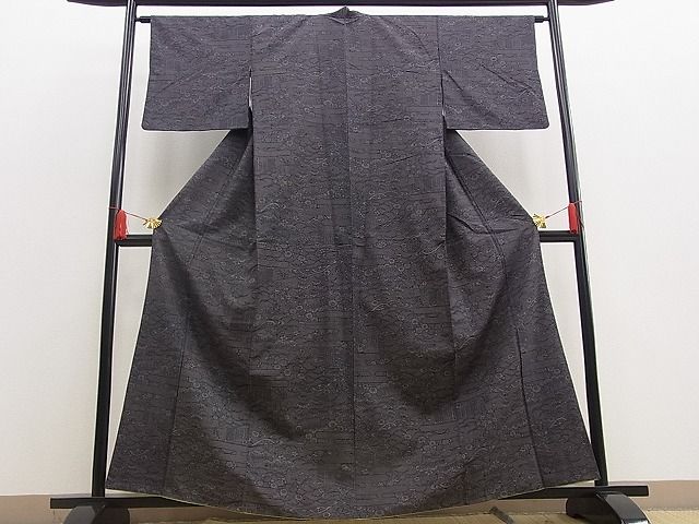 平和屋着物■上質な紬 エ霞流水草花文 逸品 n-yt0829