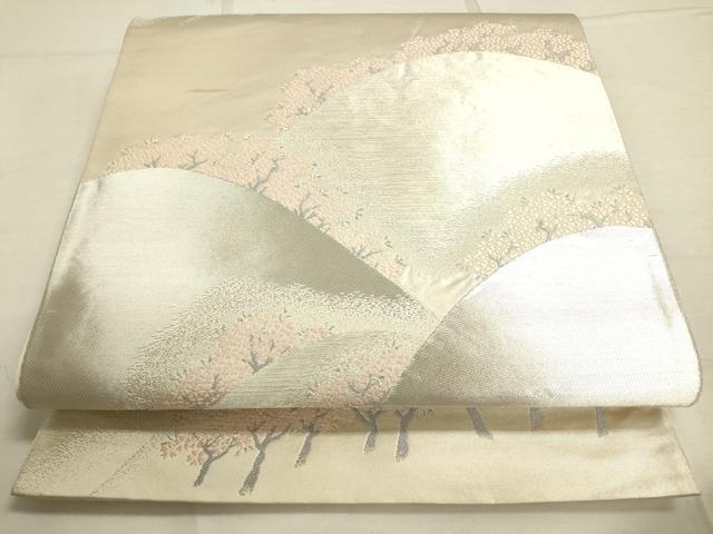 平和屋着物◎六通柄袋帯　重ね山樹林文　銀糸　正絹　逸品　DAAQ9896bc