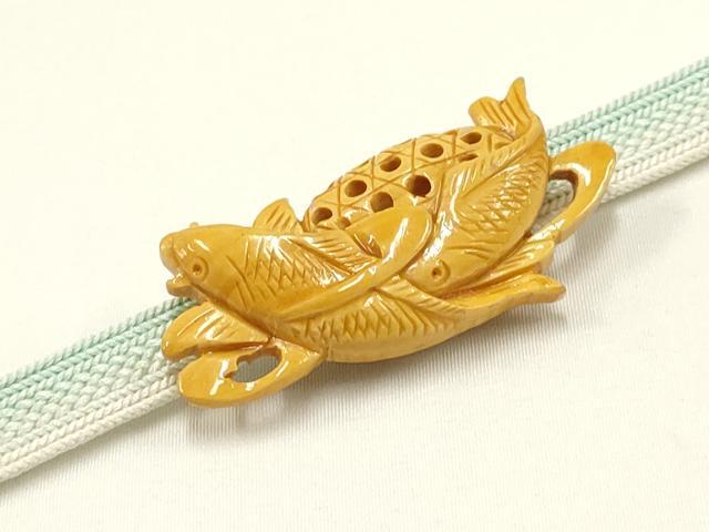 平和屋着物▼和装小物　帯締め・帯留めセット　三分紐　本つげ　鯉に籠　暈し　逸品　AABB3760ay(4)