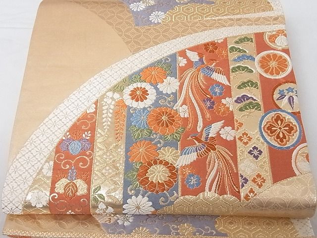 平和屋着物■六通柄袋帯 唐織 地紙重ね鳳凰花文 金糸 正絹 逸品 A-gk698