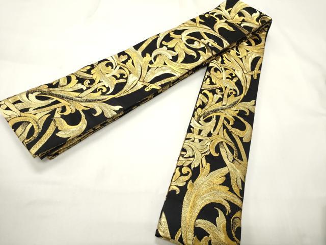 平和屋着物●男性　角帯　花唐草文　黒地　金糸　正絹　逸品　CABI4906ak