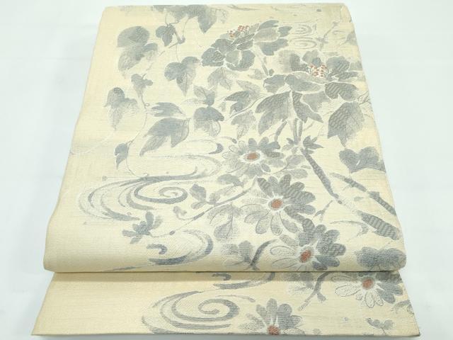 平和屋着物■極上　夏物　西陣　岡文織物謹製　六通柄袋帯　草花文　ブロンド色地　逸品　CZAA3678s5