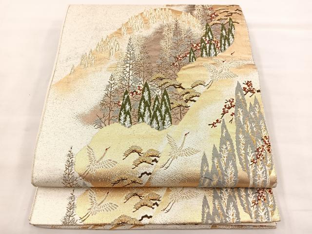 平和屋着物◎六通柄袋帯　飛鶴風景文　金糸　正絹　逸品　BAAS7375hz