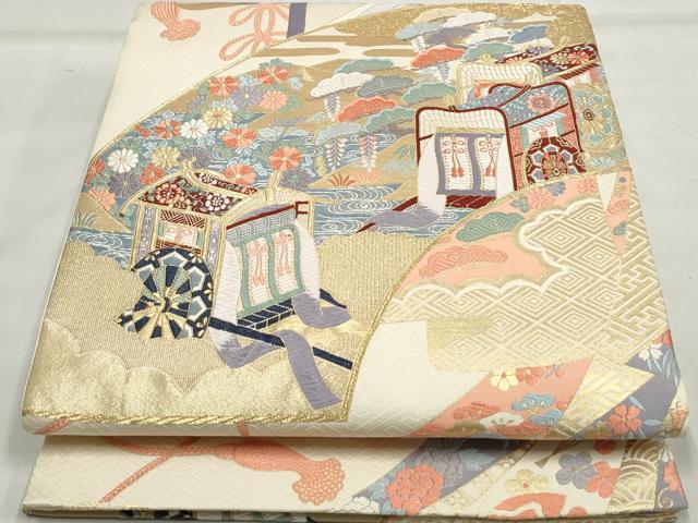 平和屋着物◎六通柄袋帯　唐織　綴扇面御車文　金糸　正絹　逸品　DAAU1132qa