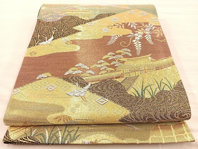 平和屋着物◎六通柄袋帯　唐織　光悦の里　紫峰水明　黒地　金糸　正絹　逸品　BAAR1627if
