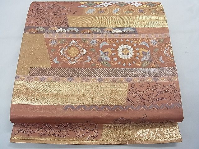 平和屋着物■六通柄袋帯　唐織　横段花文　金糸　逸品　ca4784