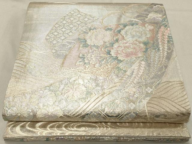 平和屋着物◎佐賀錦　六通柄袋帯　地紙草花文　銀糸　正絹　逸品　DABA3437qa