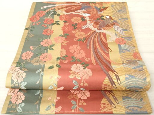 平和屋着物◎六通柄袋帯 唐織 花鳥間道 金糸 正絹 逸品 AAAQ0806sg 平和屋着物◎六通柄袋帯 唐織 花鳥間道 金糸 正絹 逸品 AAAQ0806sg