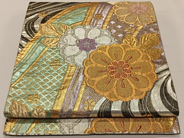 平和屋着物◎全通柄袋帯　流水花文　黒地　金銀糸　正絹　逸品　CAAY0939qv