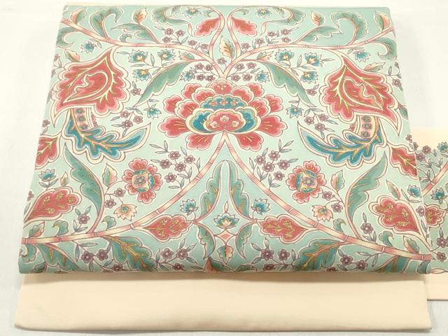 平和屋着物●塩瀬　九寸名古屋帯　型染め　更紗花唐草文　薄卵色　金彩　正絹　逸品　DAAY0066ob