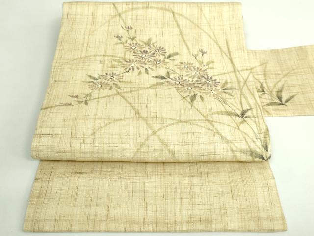 平和屋着物＊極上　夏物　九寸名古屋帯　手描き　枝花文　麻　逸品　DZAB0495kh5